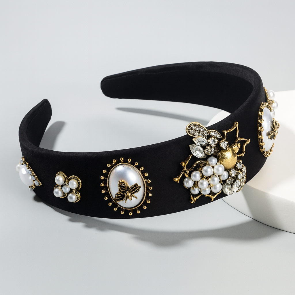 Black- Luxury Bee Inlaid Rhinestone Headband Pearl Headband Baroque Wide-edged